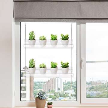 Sumerflos 2-Tier Acrylic Window Boxes Plant Shelves for Window of Kitchen, Bedroom, Living Room, 16 Inch Wall Flower Double Hanger Boxes Adjustable Hanging Shelves for Indoor Plants, Succulents