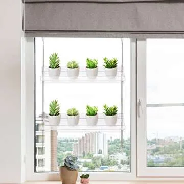 Sumerflos 2-Tier Acrylic Window Boxes Plant Shelves for Window of Kitchen, Bedroom, Living Room, 16 Inch Wall Flower Double Hanger Boxes Adjustable Hanging Shelves for Indoor Plants, Succulents