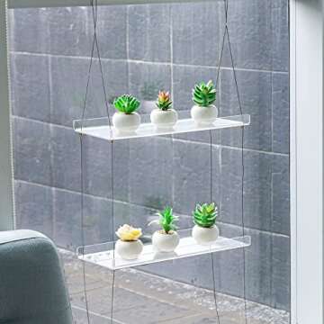 Sumerflos 2-Tier Acrylic Window Boxes Plant Shelves for Window of Kitchen, Bedroom, Living Room, 16 Inch Wall Flower Double Hanger Boxes Adjustable Hanging Shelves for Indoor Plants, Succulents