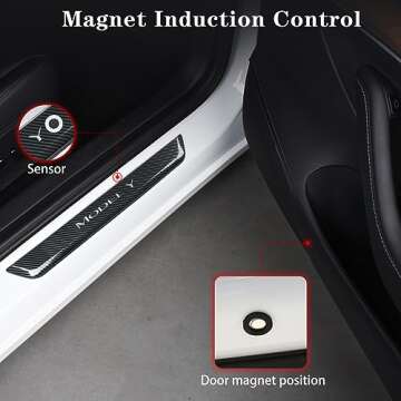 TSLAUCAY Illuminated Door Sill Protector for Tesla Model Y 2023-2017 4 PCS Model Y Door Sill Illuminated with Magnetic Control Door Sill Scuff Plate Door Entry Guard for Model Y-Carbon Fiber Pattern