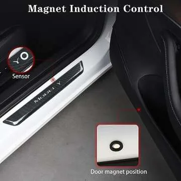 TSLAUCAY Illuminated Door Sill Protector for Tesla Model Y 2023-2017 4 PCS Model Y Door Sill Illuminated with Magnetic Control Door Sill Scuff Plate Door Entry Guard for Model Y-Carbon Fiber Pattern
