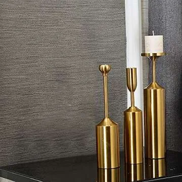 VINCIGANT Brass Gold Candlestick Holder for Pillar & Taper Candles,Set of 3 Vintage Decorative Candle Holders Centerpiece for Mantel Wedding, Dinning Room Mother's Day Housewarming Gift