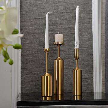 VINCIGANT Brass Gold Candlestick Holder for Pillar & Taper Candles,Set of 3 Vintage Decorative Candle Holders Centerpiece for Mantel Wedding, Dinning Room Mother's Day Housewarming Gift
