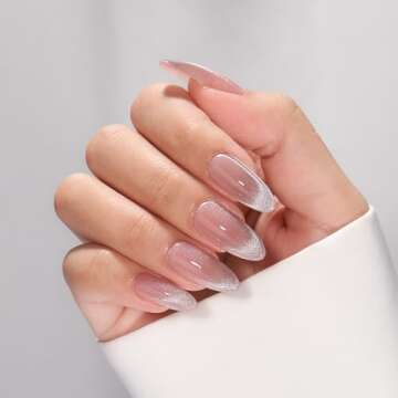 BTArtbox Press On Nails Almond - Winter Cat Eye Press On Nails Medium, French Tip Soft Gel Nails for Valentines Day Gift, Fake Nail Extensions In 15 Sizes - 30 Fake Nails Kit