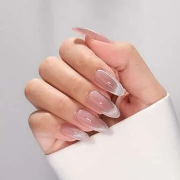 BTArtbox Press On Nails Almond - Winter Cat Eye Press On Nails Medium, French Tip Soft Gel Nails for Valentines Day Gift, Fake Nail Extensions In 15 Sizes - 30 Fake Nails Kit