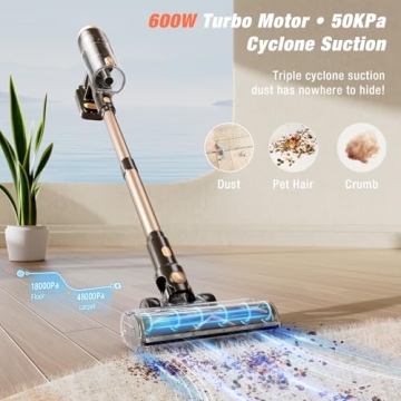 VBUOO Cordless Vacuum Cleaner - Upgraded 600W Power & 70-Minute Battery Life