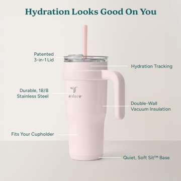 REDUCE 24 oz Stainless Steel Tumbler with Handle - Dual-Wall Vacuum Insulated Travel Mug, Sweat-Proof Lid & Reusable Straw - Keeps Drinks Cold for 24 Hrs, Fits Cupholders, Dishwasher Safe-Pink Cotton
