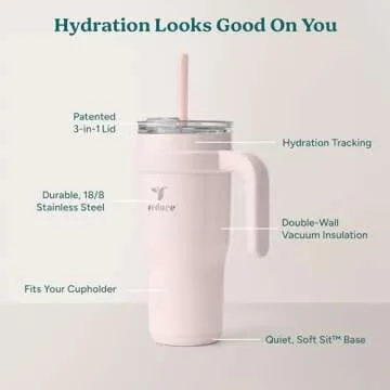 REDUCE 24 oz Stainless Steel Tumbler with Handle - Dual-Wall Vacuum Insulated Travel Mug, Sweat-Proof Lid & Reusable Straw - Keeps Drinks Cold for 24 Hrs, Fits Cupholders, Dishwasher Safe-Pink Cotton