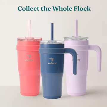 REDUCE 24 oz Stainless Steel Tumbler with Handle - Dual-Wall Vacuum Insulated Travel Mug, Sweat-Proof Lid & Reusable Straw - Keeps Drinks Cold for 24 Hrs, Fits Cupholders, Dishwasher Safe-Pink Cotton