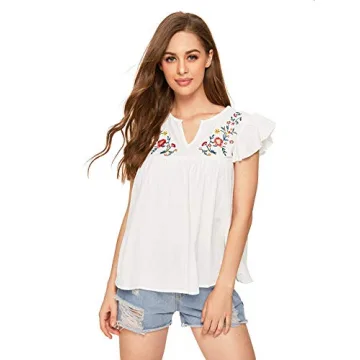 Floerns Women's Embroidered V Neck Summer Peplum Blouse