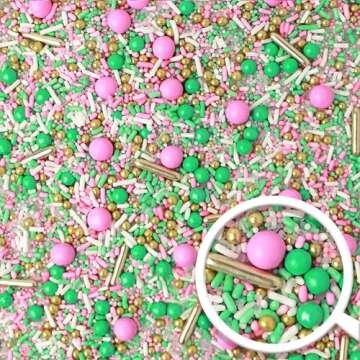 Signature Pink Sprinkle Mix| Made In USA By Sprinkle Pop| Light Pink White Mint Sprinkles With Gold Metallic Dragees| Girl Baby Shower Gender Reveal Sprinkles For Decorating Cupcakes Cake Cookie, 4oz
