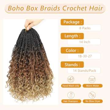 8 Packs Crochet Box Braids-14 Inch Boho Box Braids Crochet Braids Hair Bohomian Box Braid Crochet Hair Synthetic Braiding Hair Goddess Box Braids Crochet Hair for Black Women (1B/30/27)