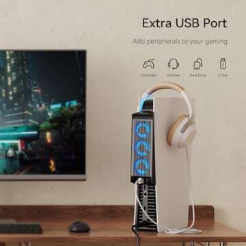 KIWIHOME Cooling Fan for PS5 Accessories, Upgraded Quiet Cooler Fan with LED and USB3.0 Hubs, Efficient Horizontal Cooling System for PS5 Disc and Digital Edition, Not for PS5 Slim (Black)