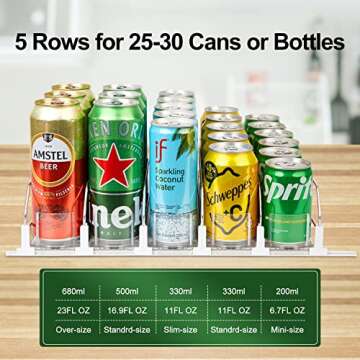 MAXTUF Drink Dispenser for Fridge, Soda Can Organizer for Refrigerator, Adjustable Width Beverage Self-Pushing Glide Rack, Up to 30 Cans Storage for Fridge Pantry (White, 16.4 Inch, 5 Rows)