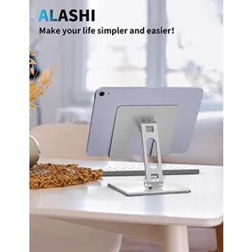 ALASHI Tablet Stand for Desk, Stable Holder with Heavy and Thickened Metal Base for Large Tablet Device, Multi-Angles Adjustable and Foldable, Universal Supports 4-13.3 Inches Tablet, Silver