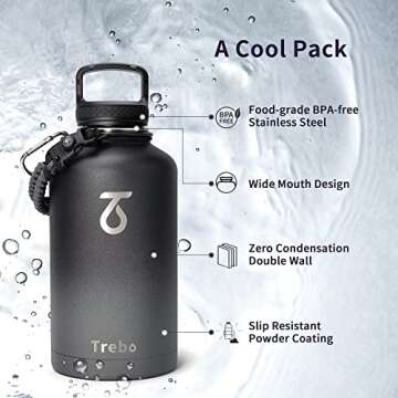Trebo Water Bottle 64oz with Paracord Handle, Half Gallon Large Vacuum Double Wall Stainless Steel Insulated Water Jug with Straw Spout Handle Lids, Leakproof Keep Cold & Hot Ombre: Dark Gray