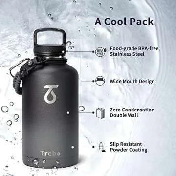 Trebo Water Bottle 64oz with Paracord Handle, Half Gallon Large Vacuum Double Wall Stainless Steel Insulated Water Jug with Straw Spout Handle Lids, Leakproof Keep Cold & Hot Ombre: Dark Gray