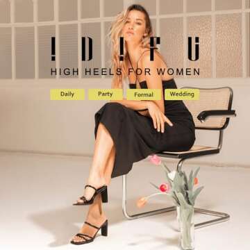 IDIFU Black Strappy Heels High Chunky Block Heels Square Toe Three Strap Slip On Heels Comfortable S...