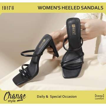 IDIFU Black Strappy Heels High Chunky Block Heels Square Toe Three Strap Slip On Heels Comfortable Slides Heeled Sandals Sexy Wedding Party Dress Shoes Open Toe Mules Heels for Women(Black Pu, 8)