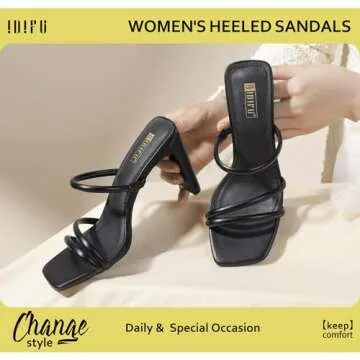 IDIFU Black Strappy Heels High Chunky Block Heels Square Toe Three Strap Slip On Heels Comfortable Slides Heeled Sandals Sexy Wedding Party Dress Shoes Open Toe Mules Heels for Women(Black Pu, 8)