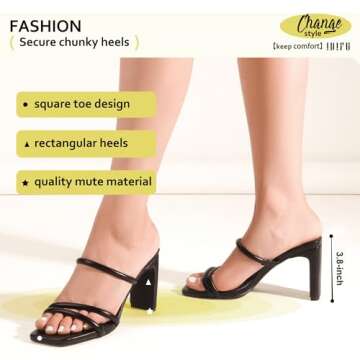 IDIFU Black Strappy Heels High Chunky Block Heels Square Toe Three Strap Slip On Heels Comfortable Slides Heeled Sandals Sexy Wedding Party Dress Shoes Open Toe Mules Heels for Women(Black Pu, 8)