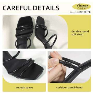 IDIFU Black Strappy Heels High Chunky Block Heels Square Toe Three Strap Slip On Heels Comfortable Slides Heeled Sandals Sexy Wedding Party Dress Shoes Open Toe Mules Heels for Women(Black Pu, 8)
