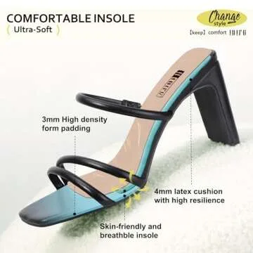 IDIFU Black Strappy Heels High Chunky Block Heels Square Toe Three Strap Slip On Heels Comfortable Slides Heeled Sandals Sexy Wedding Party Dress Shoes Open Toe Mules Heels for Women(Black Pu, 8)