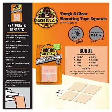 Gorilla Tough & Clear Double Sided Tape Squares; 24 1" Pre-Cut Mounting Squares; Clear; (Pack of 1)