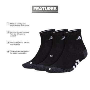 adidas Men's Cushioned Quarter Socks (3-Pair), Black/Onix Grey/White, Large