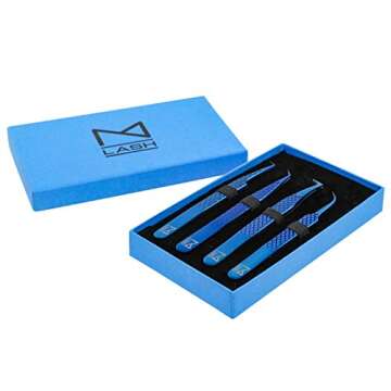 M LASH Tweezers for Eyelash Extensions (Set of 4) - Professional Lash Extension Tweezers - Fiber Tip...