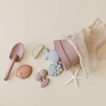 ForeverElla Silicone Beach Toy Set - Eco-Friendly, Easy to Clean, 5 Sand Toy Molds, Shovel & Beach B...
