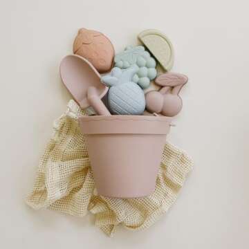 ForeverElla Silicone Beach Toy Set - Eco-Friendly, Easy to Clean, 5 Sand Toy Molds, Shovel & Beach Bag - Beach Toys for Kids Ages 4-8, Toddlers 1-3, Baby Beach Toys - Travel Friendly