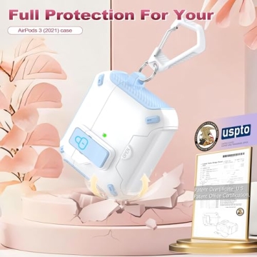 R-fun Compatible AirPods 3rd Generation Headphone Cases, Fully Drop Proof Auto Eject Protective Cover Design, New Charging Port Dust and Stand Design，Blue+White