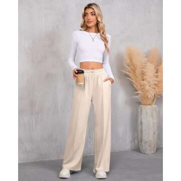 Locoowai Women's Wide Leg Sweatpants, Adjustable Shockcord High Waisted Pleated Pants Straight Leg Flared Joggers with Pocket(Apricot,S)