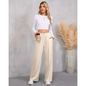 Locoowai Women's Wide Leg Sweatpants, Adjustable Shockcord High Waisted Pleated Pants Straight Leg Flared Joggers with Pocket(Apricot,S)
