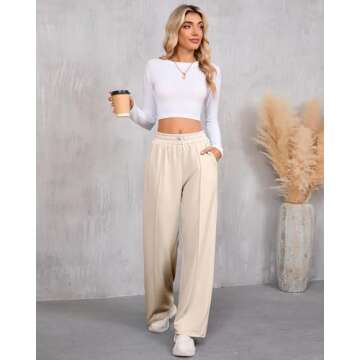 Locoowai Women's Wide Leg Sweatpants, Adjustable Shockcord High Waisted Pleated Pants Straight Leg Flared Joggers with Pocket(Apricot,S)