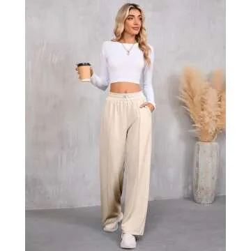 Locoowai Women's Wide Leg Sweatpants, Adjustable Shockcord High Waisted Pleated Pants Straight Leg Flared Joggers with Pocket(Apricot,S)