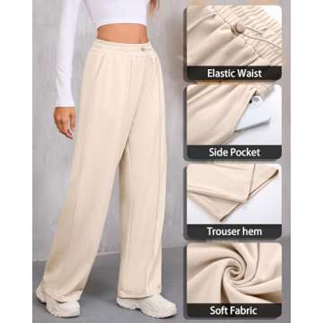 Locoowai Women's Wide Leg Sweatpants, Adjustable Shockcord High Waisted Pleated Pants Straight Leg Flared Joggers with Pocket(Apricot,S)