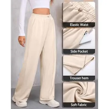 Locoowai Women's Wide Leg Sweatpants, Adjustable Shockcord High Waisted Pleated Pants Straight Leg Flared Joggers with Pocket(Apricot,S)