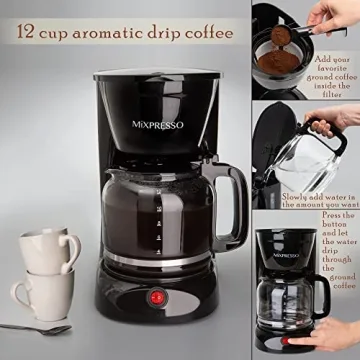 Mixpresso 12 Cup Drip Coffee Maker with Auto-Off Feature
