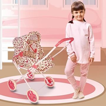 Baby Doll Stroller Play Set, 3-in-1 Babydoll Stroller with Removable Bassinet Baby Carriage for Dolls Toy Doll Stroller for Toddlers 3-4 Years, (Floral)