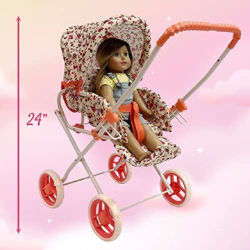 Baby Doll Stroller Play Set, 3-in-1 Babydoll Stroller with Removable Bassinet Baby Carriage for Dolls Toy Doll Stroller for Toddlers 3-4 Years, (Floral)