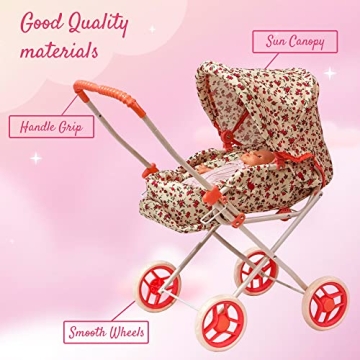 Baby Doll Stroller Play Set, 3-in-1 Babydoll Stroller with Removable Bassinet Baby Carriage for Dolls Toy Doll Stroller for Toddlers 3-4 Years, (Floral)