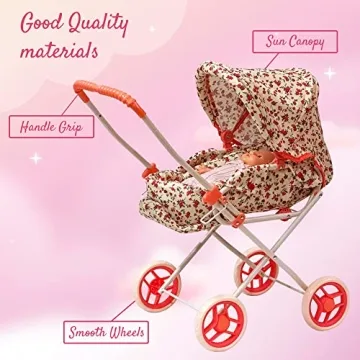 Baby Doll Stroller Play Set, 3-in-1 Babydoll Stroller with Removable Bassinet Baby Carriage for Dolls Toy Doll Stroller for Toddlers 3-4 Years, (Floral)