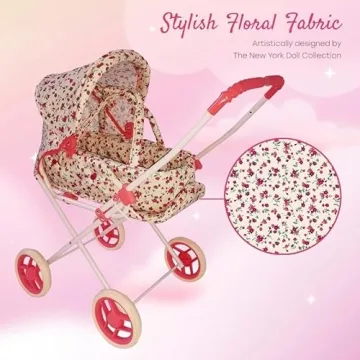 Baby Doll Stroller Play Set, 3-in-1 Babydoll Stroller with Removable Bassinet Baby Carriage for Dolls Toy Doll Stroller for Toddlers 3-4 Years, (Floral)