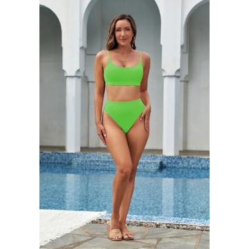 Pink Queen Women's 2 Piece Scoop Neck High Cut Bikini Set Swimsuits Green M