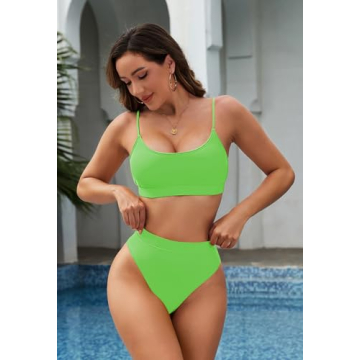 Pink Queen Women's 2 Piece Scoop Neck High Cut Bikini Set Swimsuits Green M
