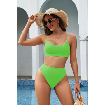 Pink Queen Women's 2 Piece Scoop Neck High Cut Bikini Set Swimsuits Green M