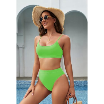 Pink Queen Women's 2 Piece Scoop Neck High Cut Bikini Set Swimsuits Green M