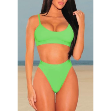 Pink Queen Women's 2 Piece Scoop Neck High Cut Bikini Set Swimsuits Green M